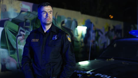 young cop pointing gun at somebody outdoor at night