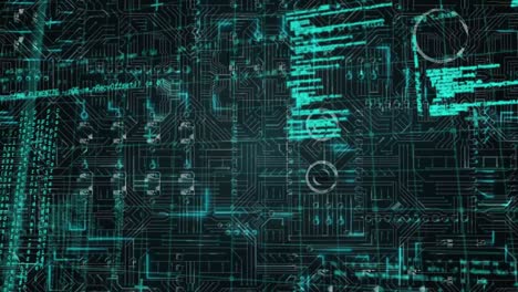 Animation of data processing on glowing computer circuit board