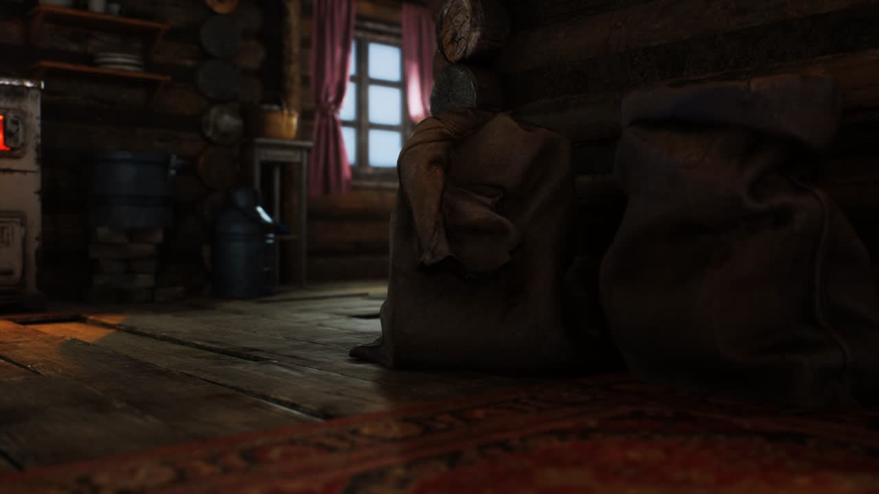 레트로 로그 하우스 의 어두운 내부