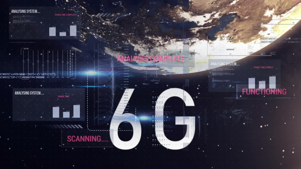 Animaatio 6G-tekstistä ja maapallosta datankäsittelyn päällä