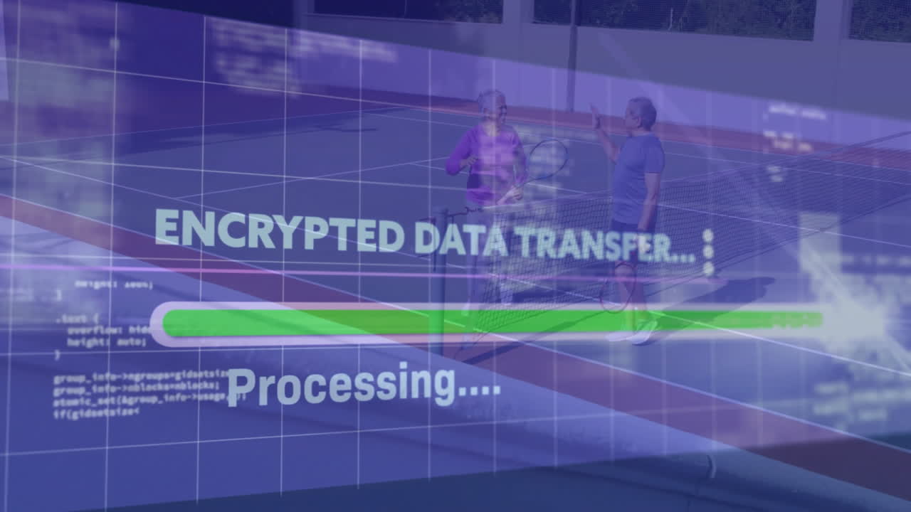 Senior couple holding racket with ball on tennis court, overlay showing encrypted data transfer