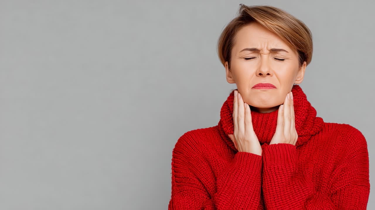 A Woman in a Red Sweater Expresses Discomfort and Concern as She Holds Her Neck in Pain, Capturing Emotion and Vulnerability in a Neutral Background