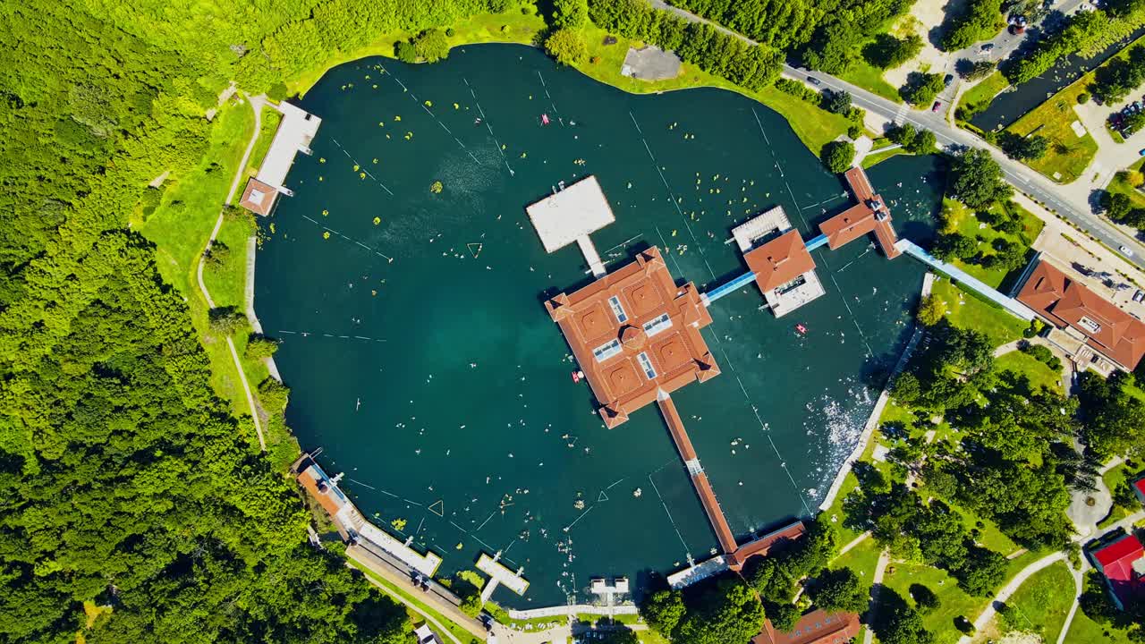 Aerial 4K drone footage of Thermal Lake of H&eacute;v&iacute;z in Hungary