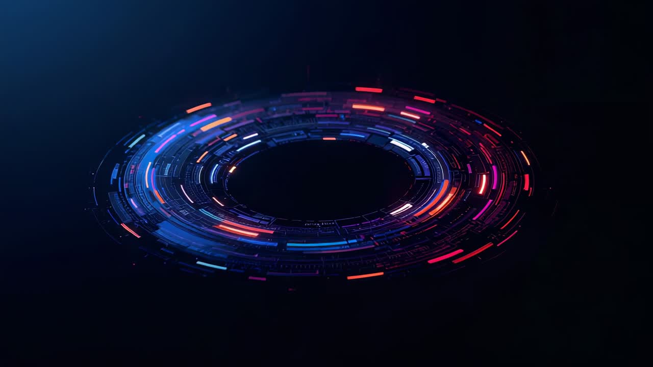 Playing animation of segmented neon ring rotating clockwise and pulsing in dark studio space