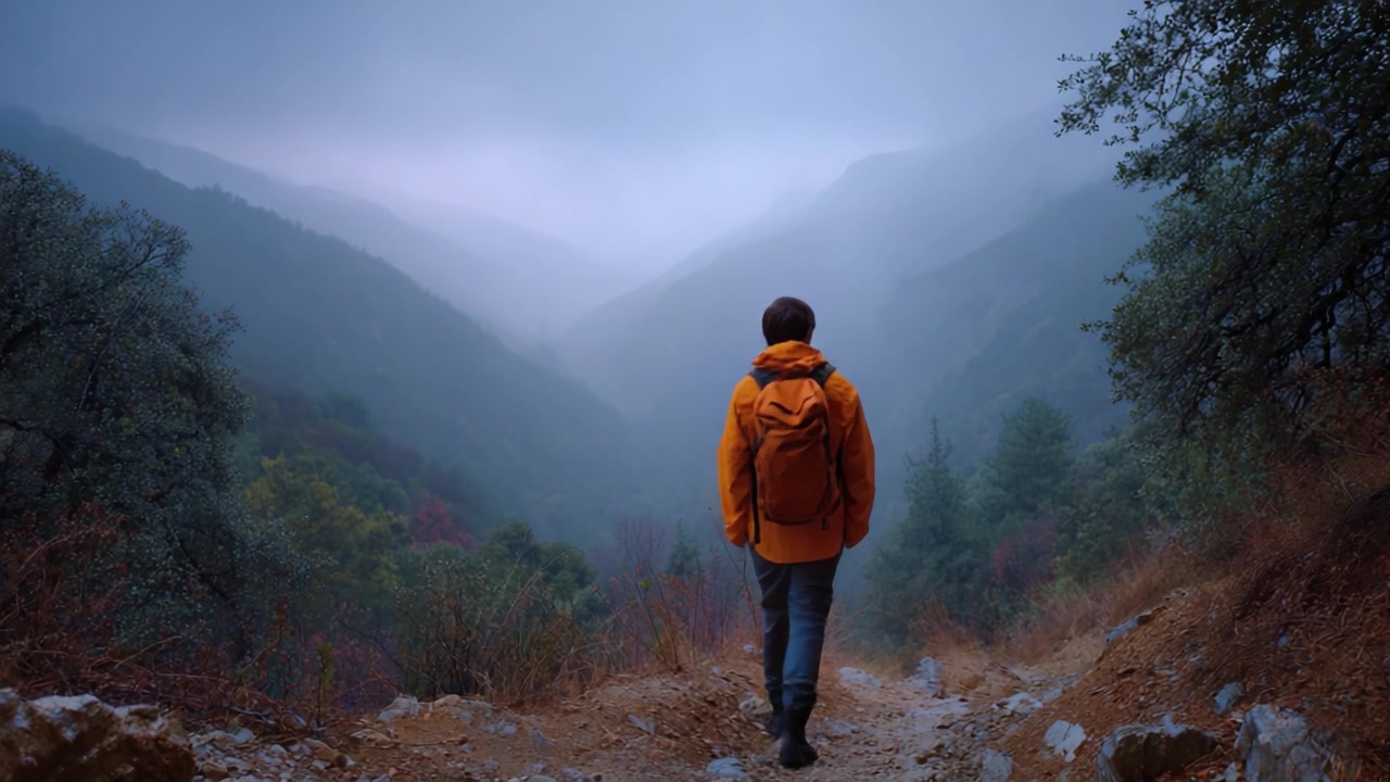 A solitary hiker in a vibrant orange jacket walking along a misty mountain trail, surrounded by lush greenery and majestic hills under a moody sky