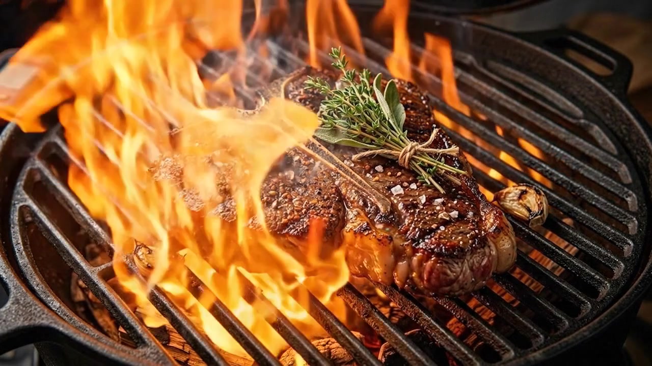 Bistecca T-Bone alla griglia su fiamme vive su una griglia in ghisa