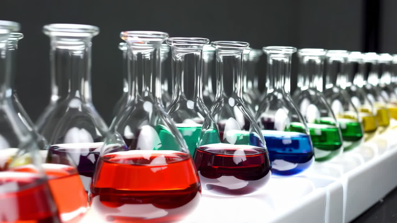 Colorful Liquids in Laboratory Flasks