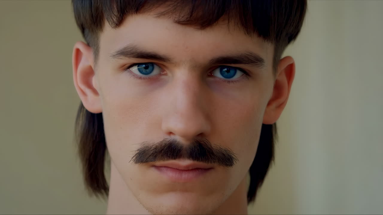 Retrato em close-up de jovem com cabelo mullet e bigode