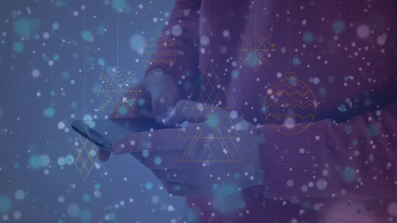 스마트폰을 사용하는 사람의 중간 부분에 대한 파란 반점과 추상적인 모양의 애니메이션