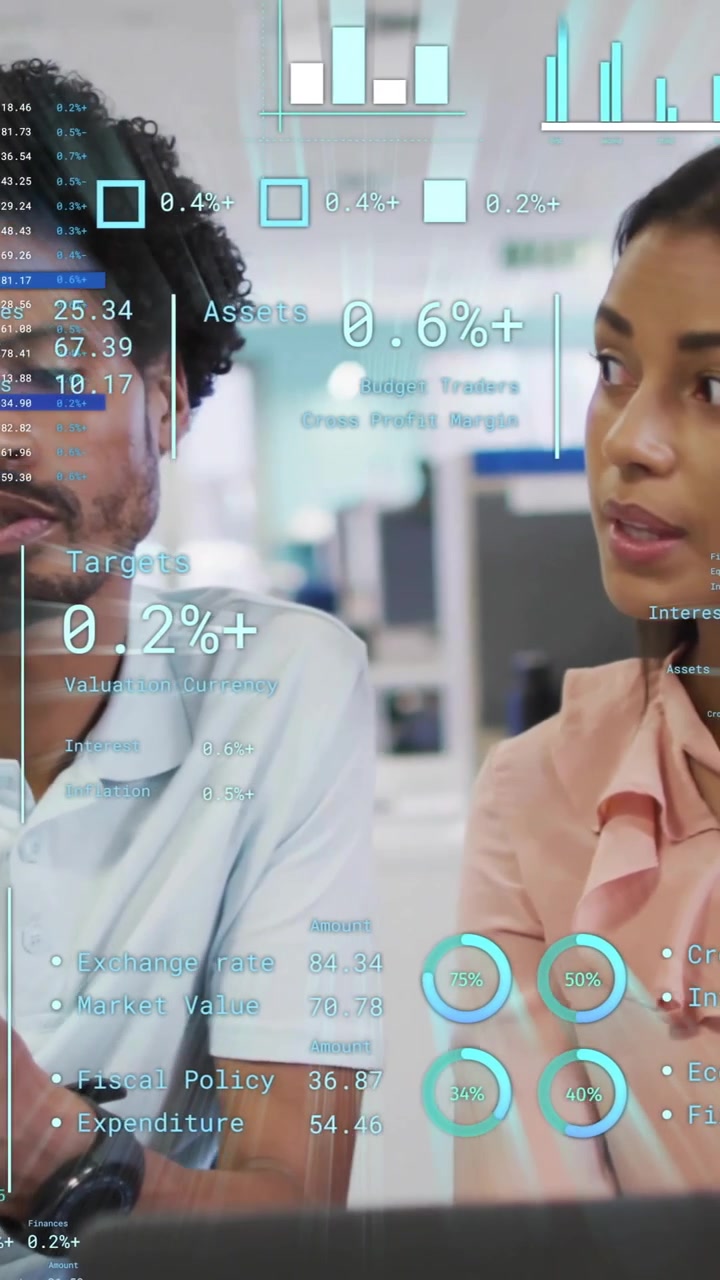 Animation of financial data processing over diverse business people in office