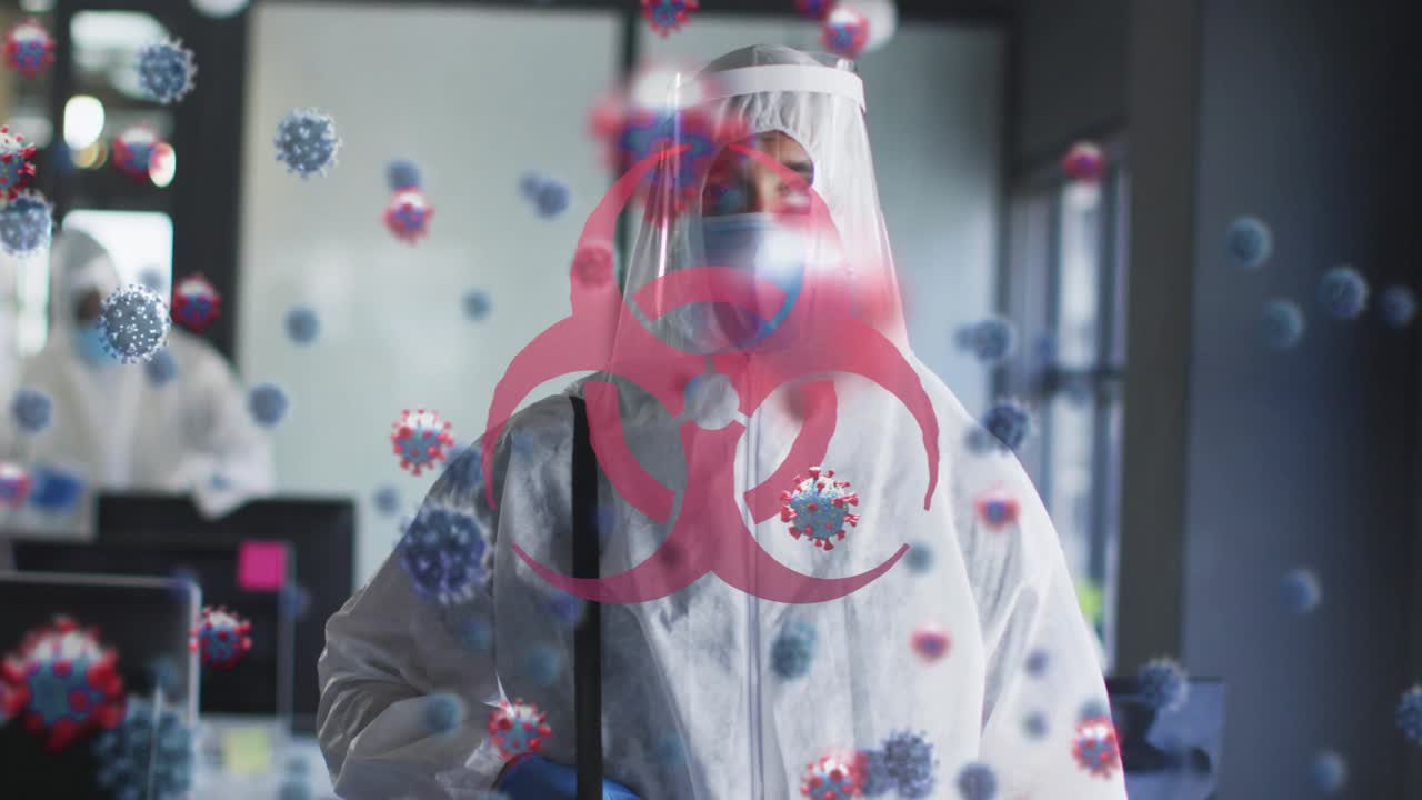 Cleaning crew adjusting sprayer and sweeping office while disinfecting, biohazard virus overlay