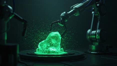 futuristic robotic manipulation of a glowing green substance within a high-tech environment, showcasing advanced technology and innovation in action