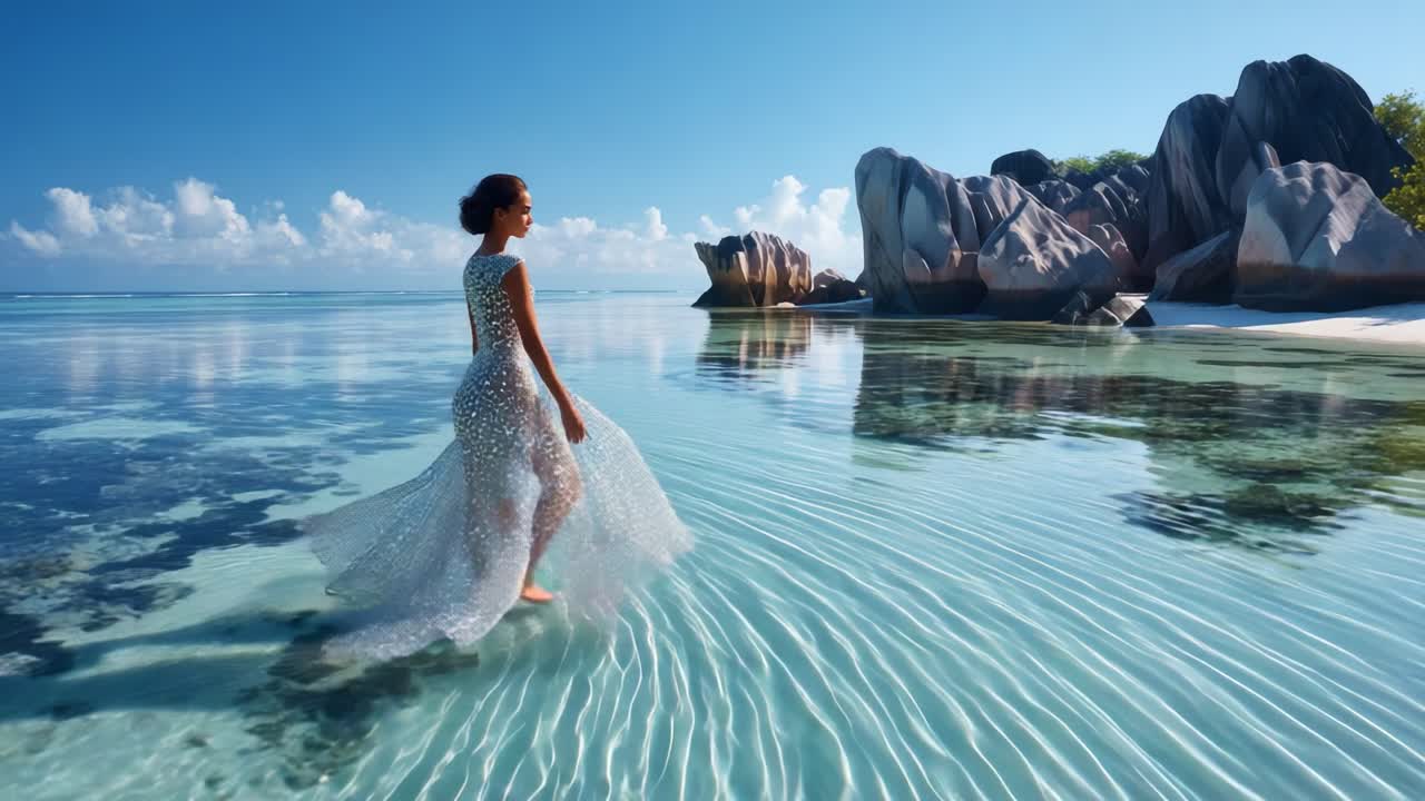 A serene moment captured in a stunning setting, featuring a figure in an elegant, flowing dress walking through clear shallow waters with dazzling rocks and a vibrant sky in the backdrop