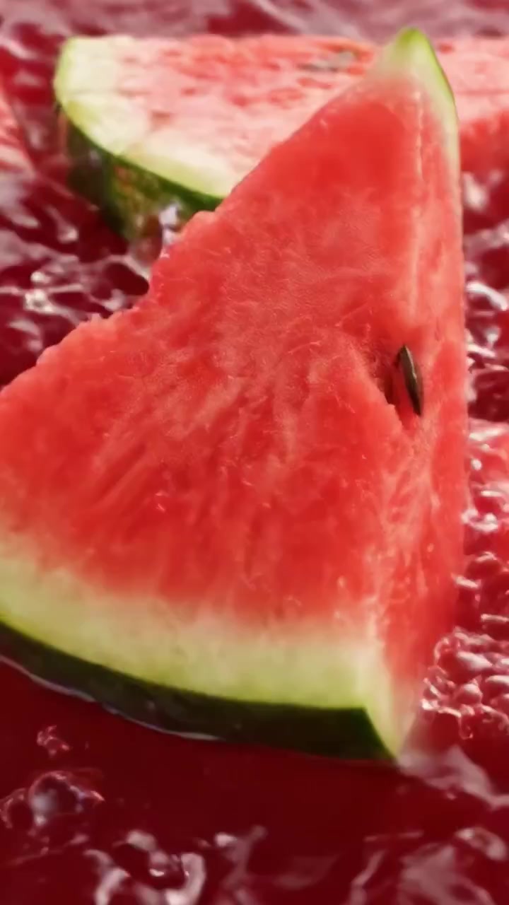 Una vivida esposizione di fette di anguria che galleggiano in un liquido rosso brillante, catturando l'essenza succosa e l'attrattiva rinfrescante dei frutti estivi in movimento.