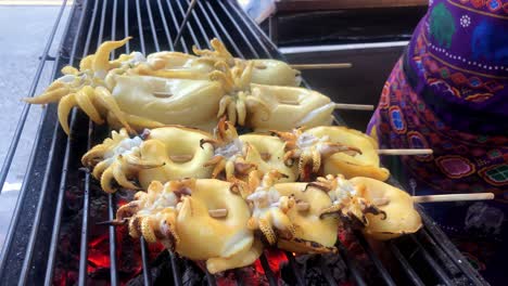 Street-food-seller-is-fresh-grilled-squid-barbecued-meat-skewers-with-sauce