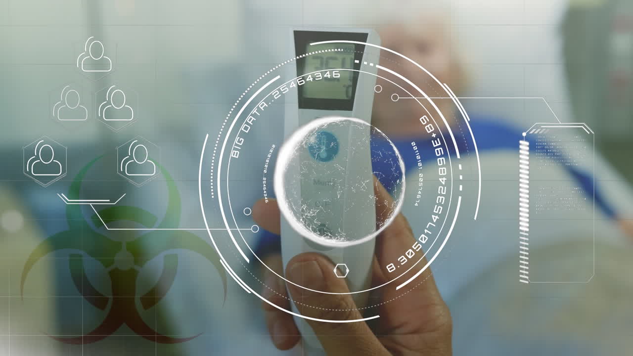 Structural formula of chemical compounds over a thermometer in the background. Covid-19 spreading