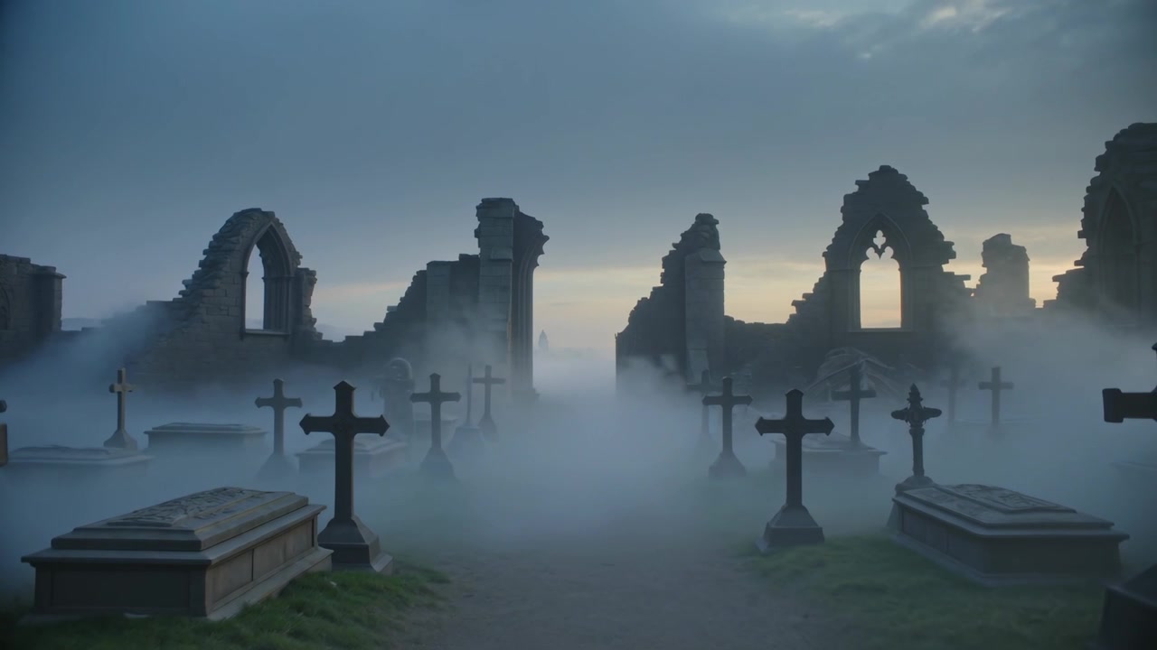 Nebbia alla deriva che si sposta verso l'interno da sinistra, coprendo il primo piano di un cimitero con croci di pietra e rovine.