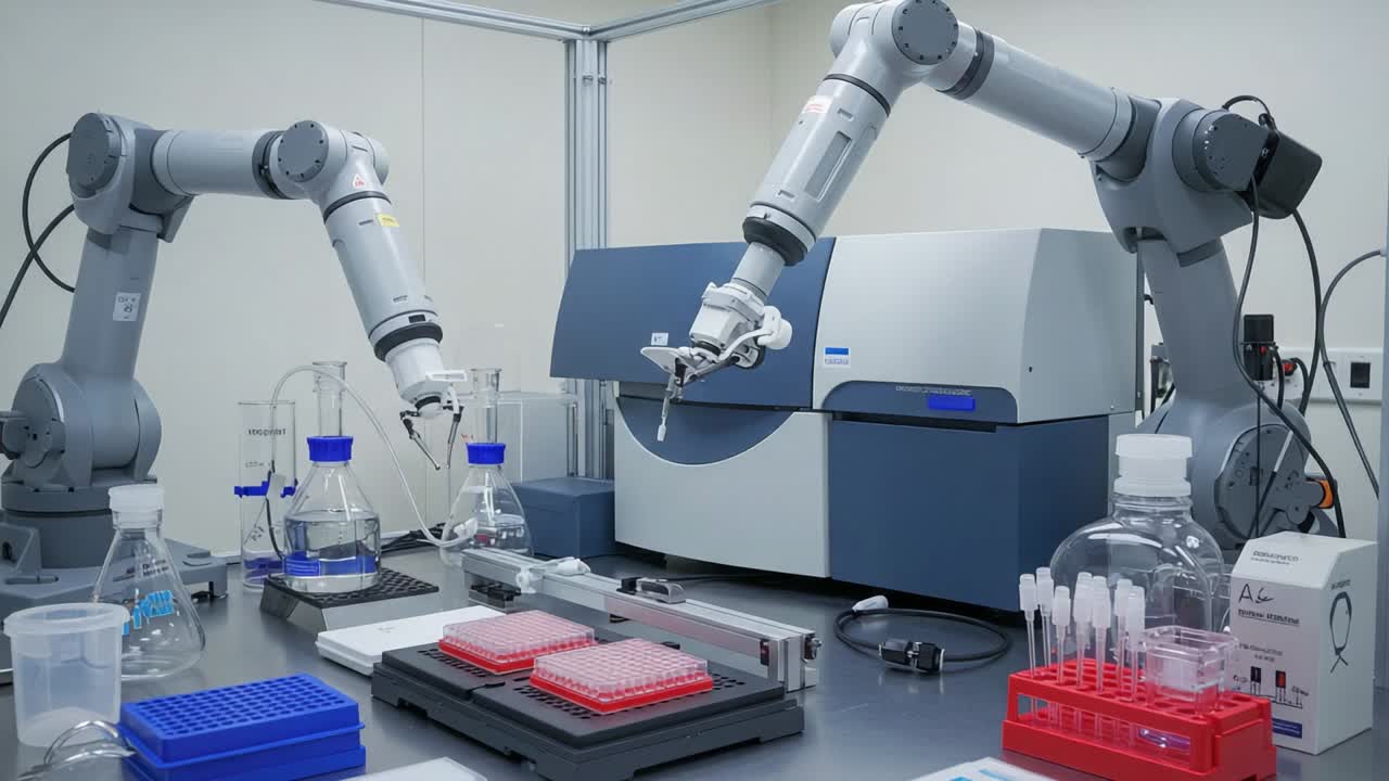 Advanced Robotic Automation in a High-Tech Laboratory Featuring Robotic Arms and Various Lab Equipment for Precision Experimentation and Analysis