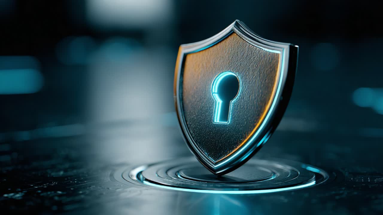 A High-Tech Digital Shield Icon Featuring a Keyhole Design Symbolizes Security, Protection, and Cyber Defense in a Futuristic Virtual Environment