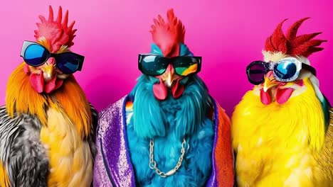 three colorful chickens wearing sunglasses and a chain