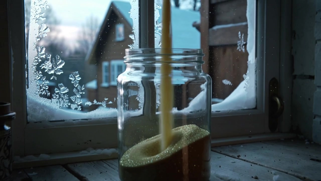Pouring off-frame bottle sending yellow granules into glass jar on windowsill, covering sponge