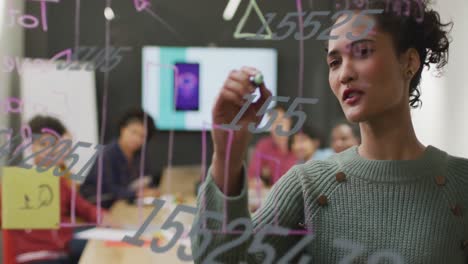 Animation of changing numbers against biracial woman writing on glass board at office