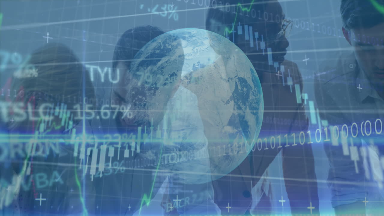 Animazione dell'elaborazione di dati finanziari e di un globo su diverse persone d'affari.
