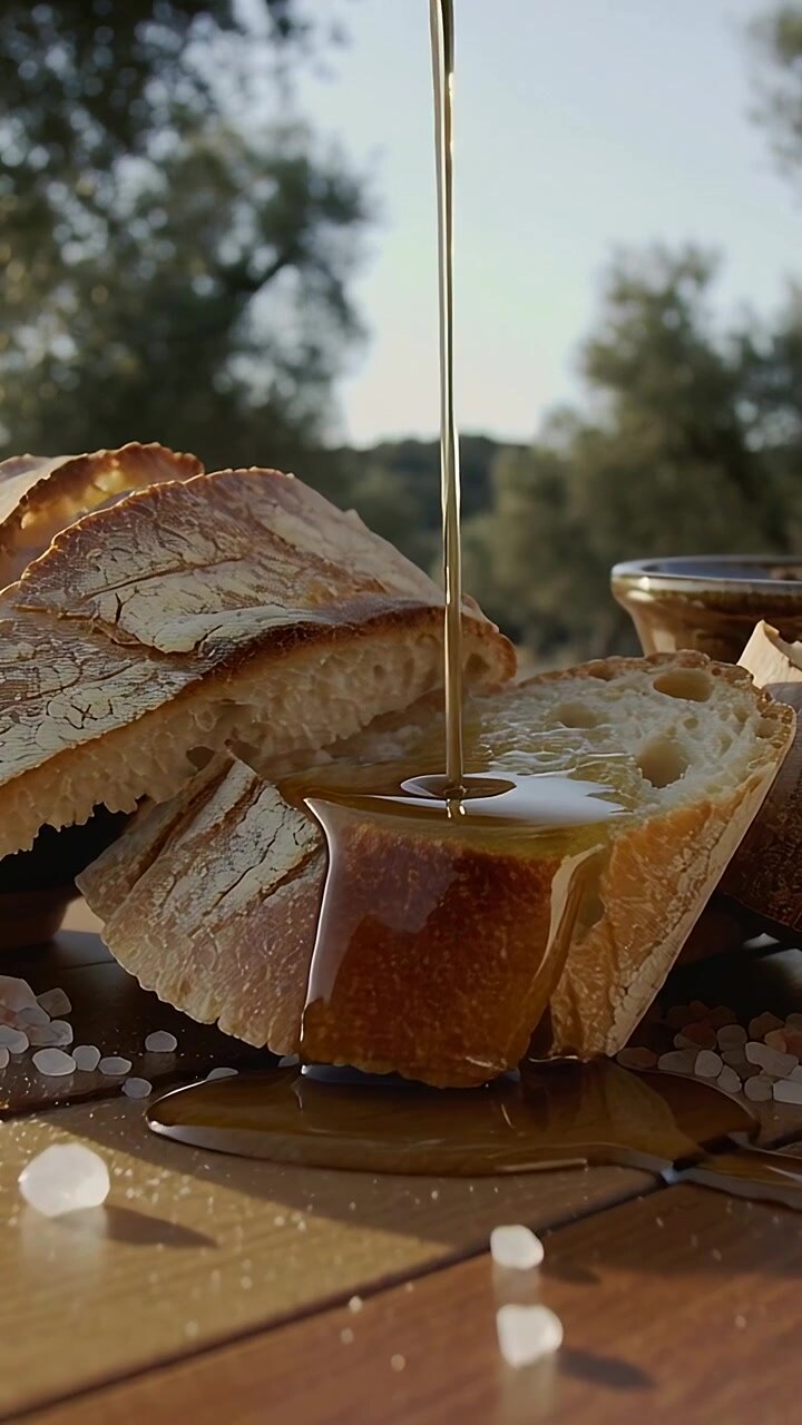 Vertical video: Pouring spout streaming oil into rustic bread on wooden table with salt for flavor
