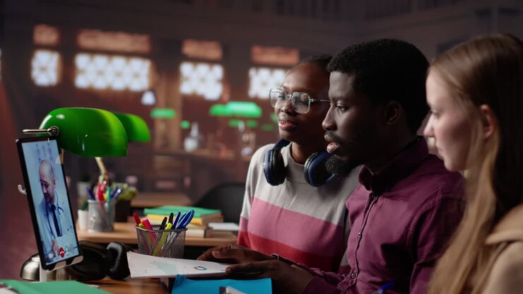 Vertical video diverse students group engaging in a video call with physician