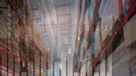animation of financial data processing over empty warehouse
