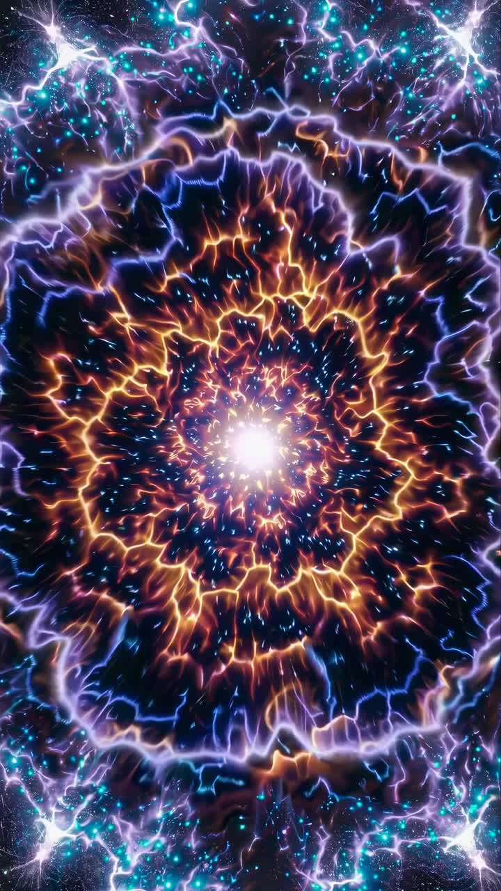 Un effetto video ipnotizzante e caleidoscopico con un'angolazione dall'alto, che mostra vortici cosmici vibranti