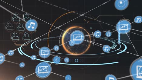 network of digital icons against against spinning globe over round scanner on black background