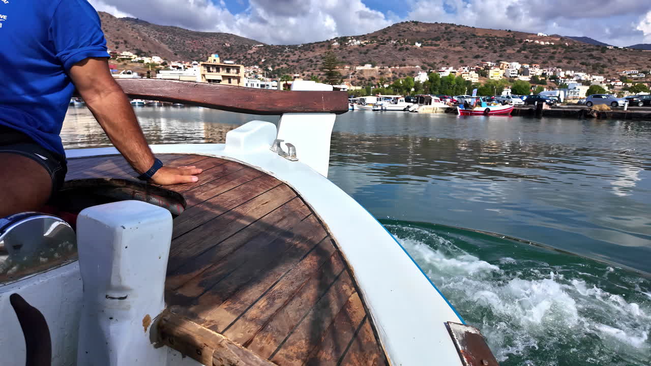 Wooden Tiller Of Sailing Boat At Marina Elouda In Elounda, Greece. closeup, wide shot