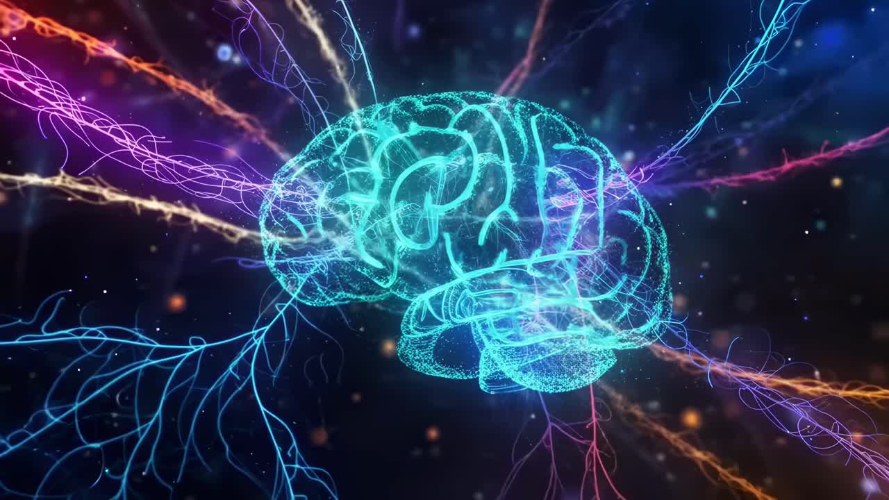 Futuristic video of a glowing digital brain, captured from a side angle, with neon colors