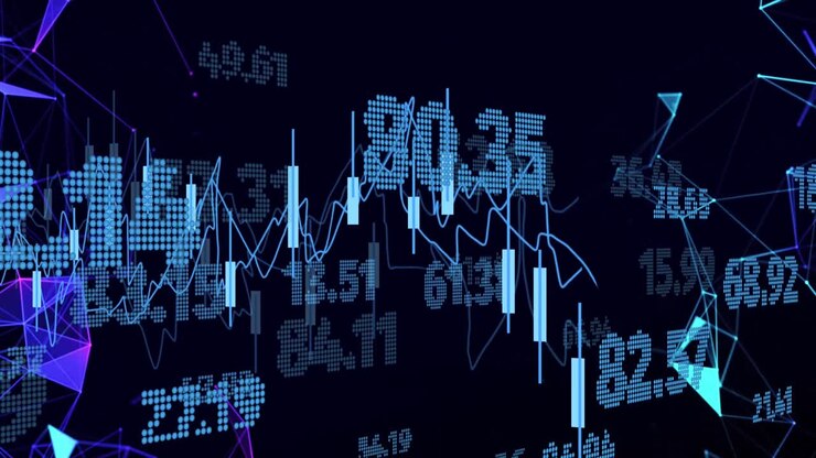 Animation of financial data processing with numbers over black background