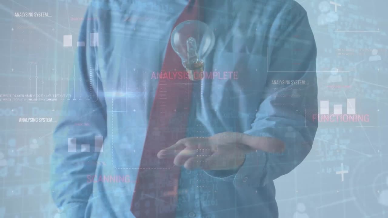 animación de conexiones y procesamiento de datos sobre empresario caucásico con bombilla