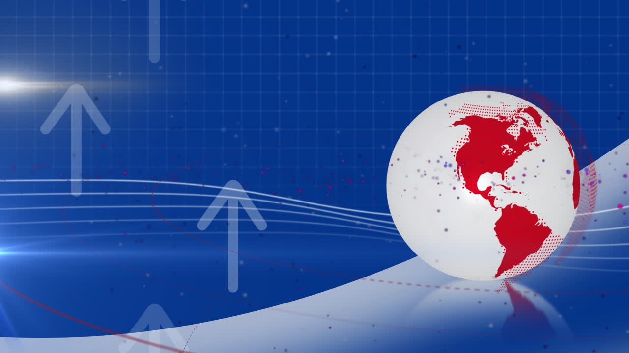 파란색 배경 위의 파도에 대항하여 회전하는 지구상에서 위쪽 화살표와 지구상의 애니메이션