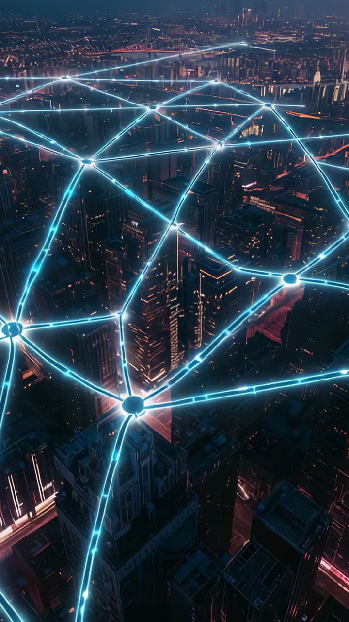 Vertical video: Sky darkening, nodes appearing above skyscrapers and forming neon dome over city