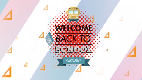 Animation-of-welcome-back-to-school-bargains-text-over-school-items-icons