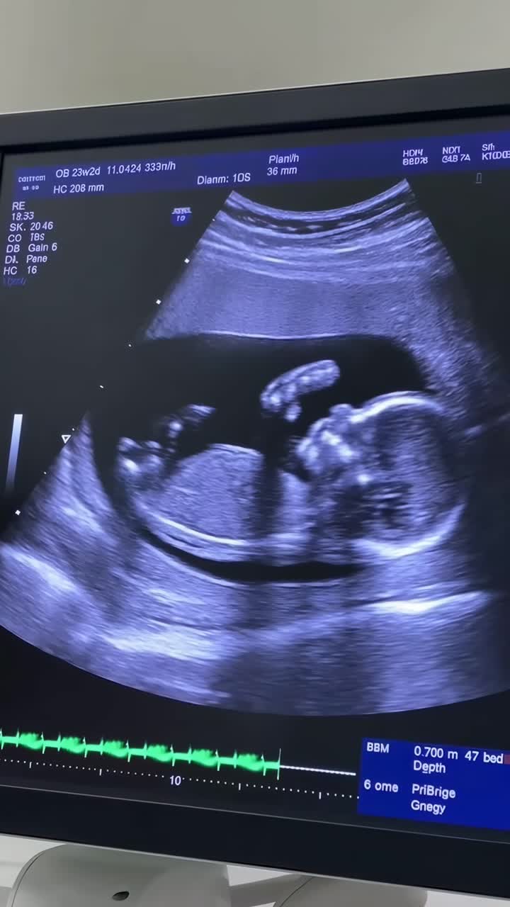 Schermata video ecografica che mostra un feto di profilo, ripresa da un'angolazione laterale