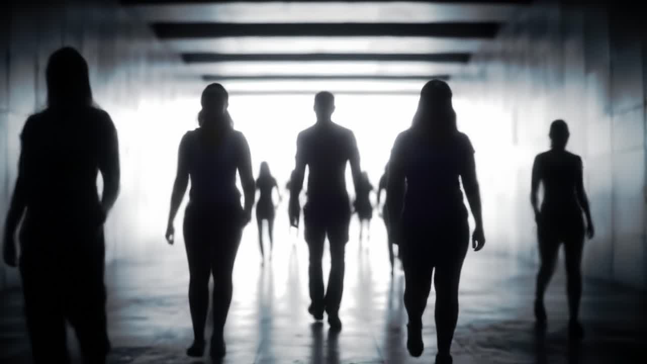 Silhouetted Figures Emerging from a Dimly Lit Passageway, Highlighting the Contrast Between Light and Darkness in a Mysterious Urban Environment