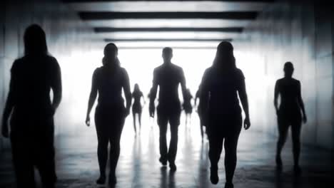 silhouetted figures emerging from a dimly lit passageway, highlighting the contrast between light and darkness in a mysterious urban environment