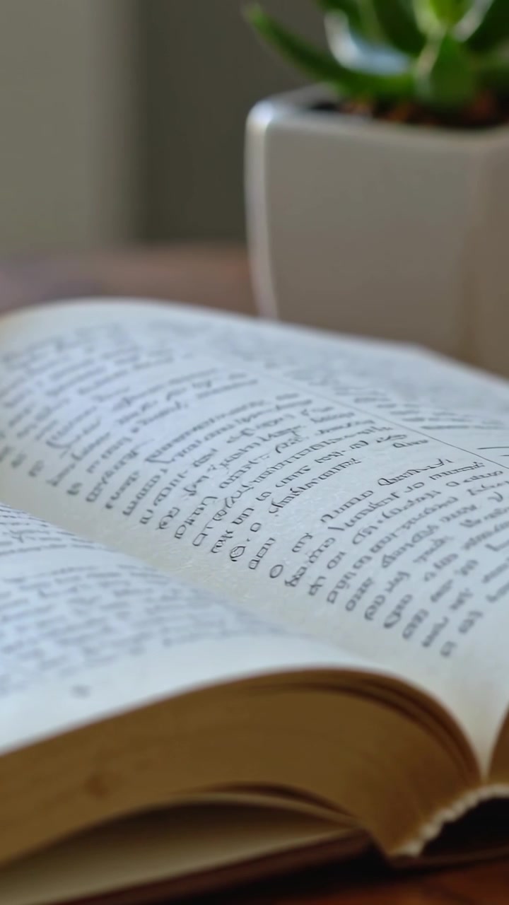 Vertical video: Camera panning from close toward book on table, revealing succulent and blurred cup