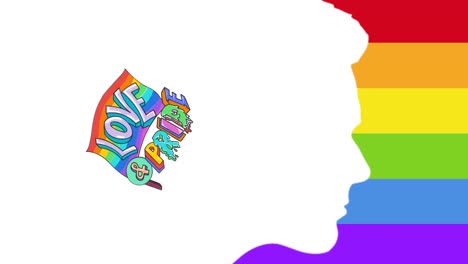 animación del perfil de la cabeza humana y el texto del amor y el orgullo en la bandera sobre las rayas del arco iris