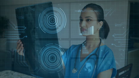 in school, medical professional analyzing animation on transparent screen for data study
