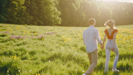 couple walking hand-in-hand through a sunny meadow