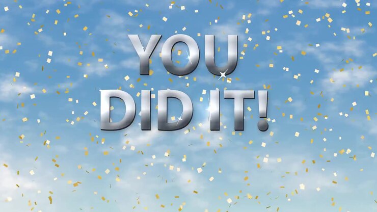 Silver text over drifting white clouds with falling gold confetti in a blue sky.