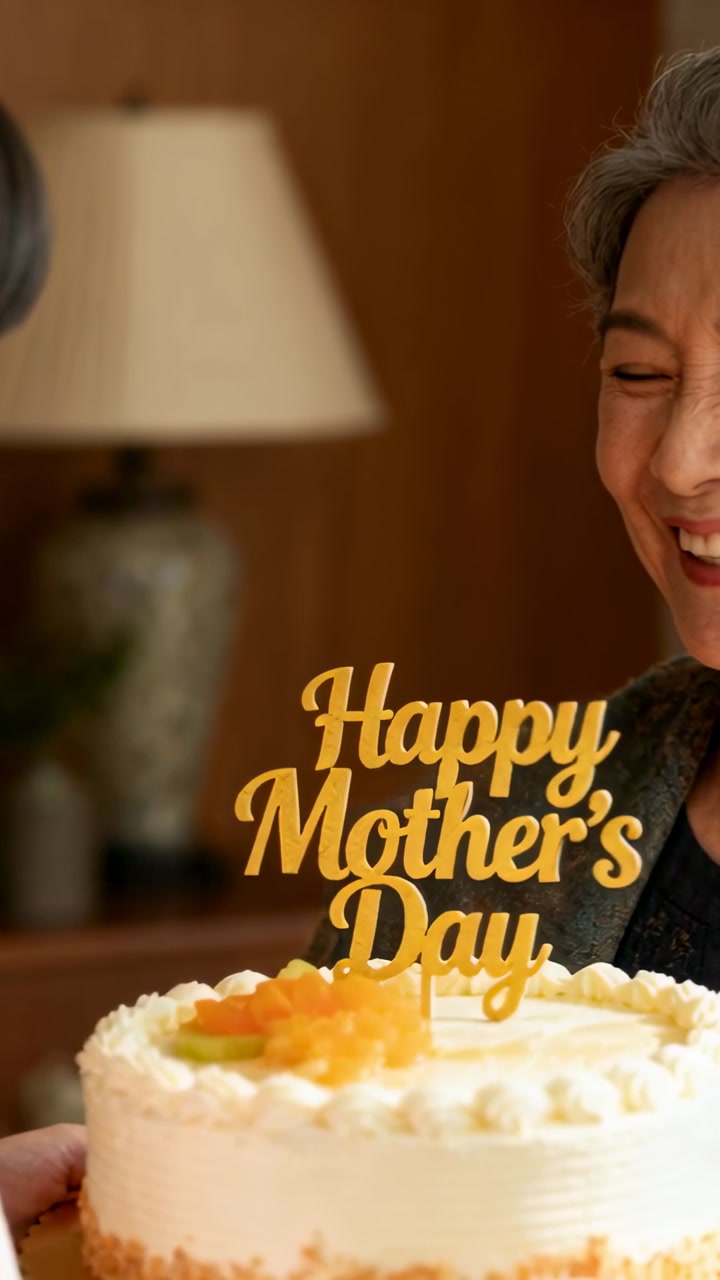 Vertical video: Child pushing cake gold top from left home mom smiling in dark sweater for Moms Day