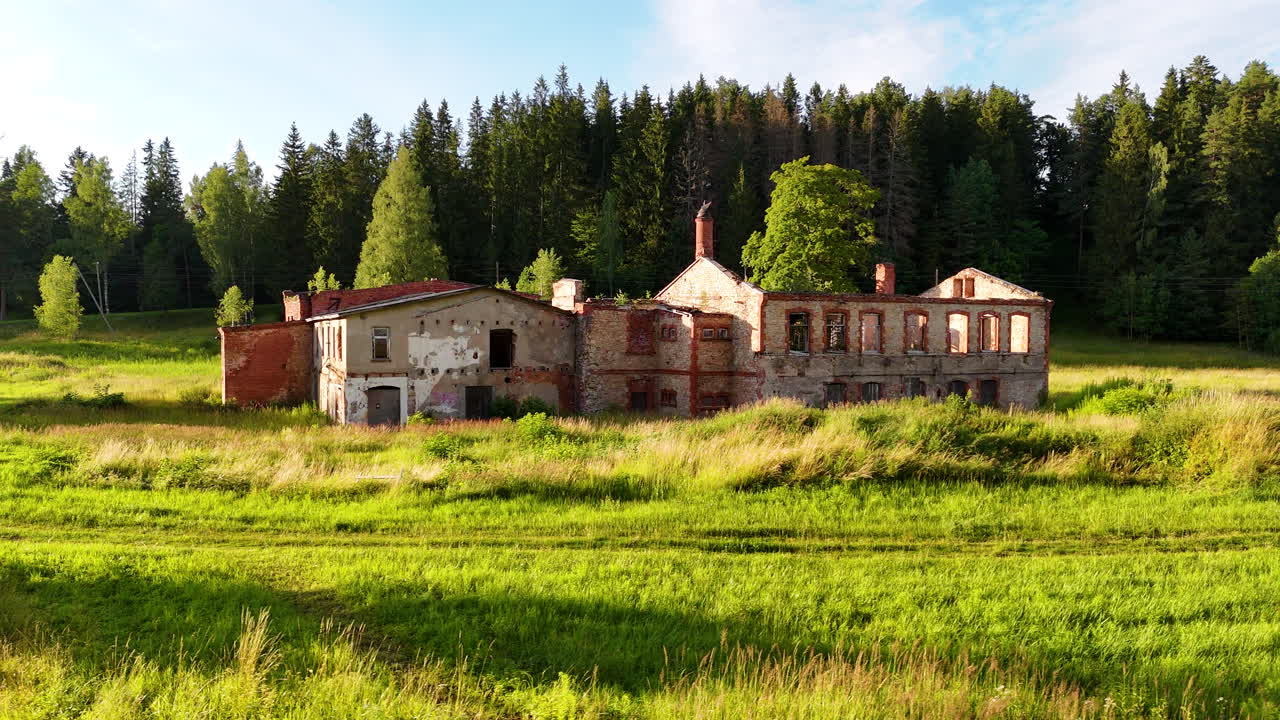 drone shot of a old ruins of Soviet building ex URSS post war heritage in east Europe