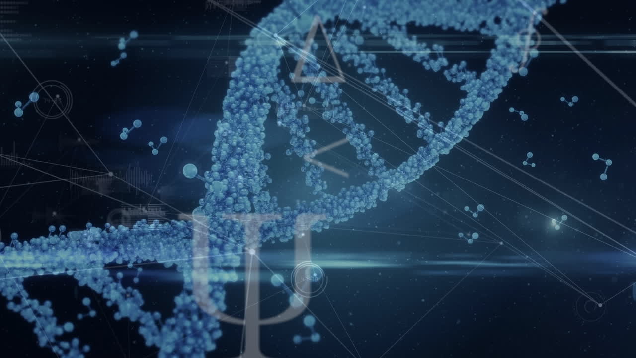 Digital animation of dna and molecular structures over network of connections on blue background